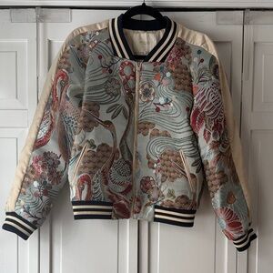 Maje Embroidered Bomber Jacket with Cream and Red Accents